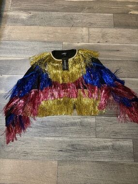 SHEIN Metallic Gold Fringe Sweater with Black Trim